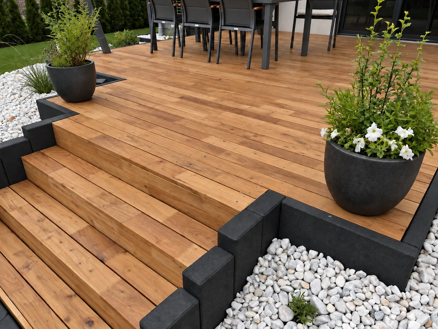 Terrasse und Stufen aus verleimten Robinienprofilen
