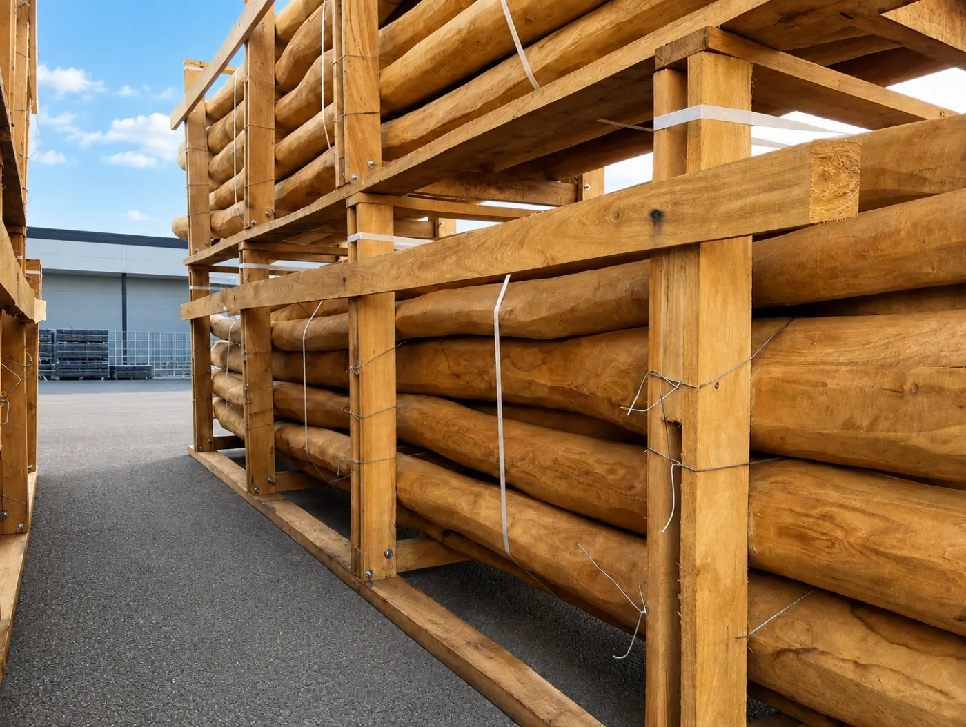 Transportverpackung für Robinien-Rundholz im Container