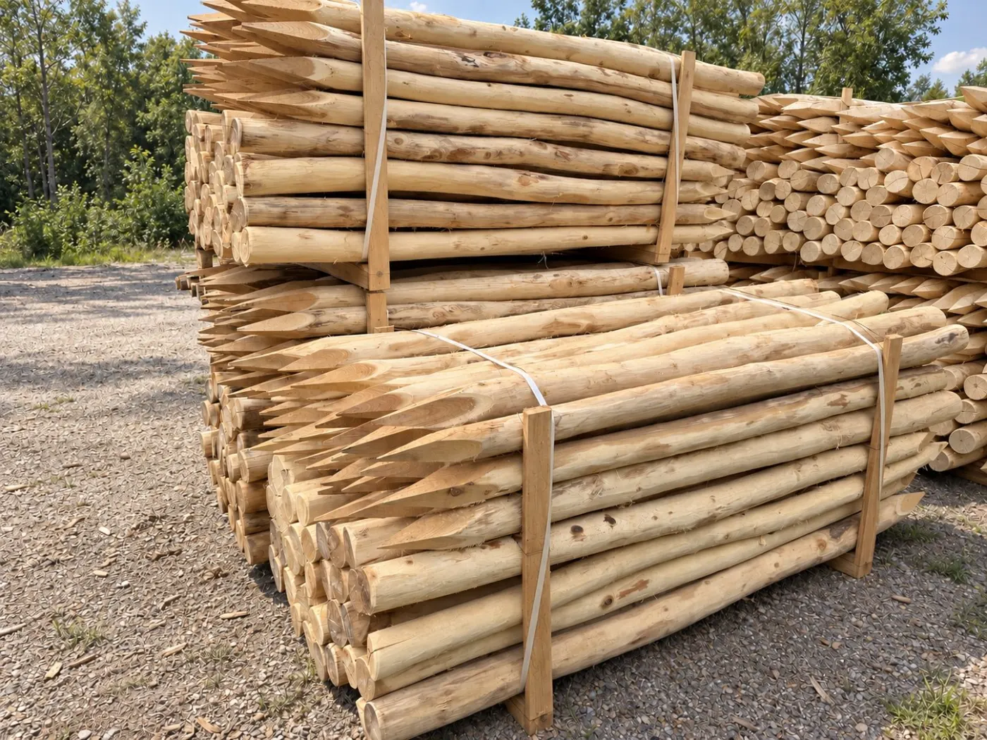 Geschälte und gespitzte Robinienpfähle, gebündelt