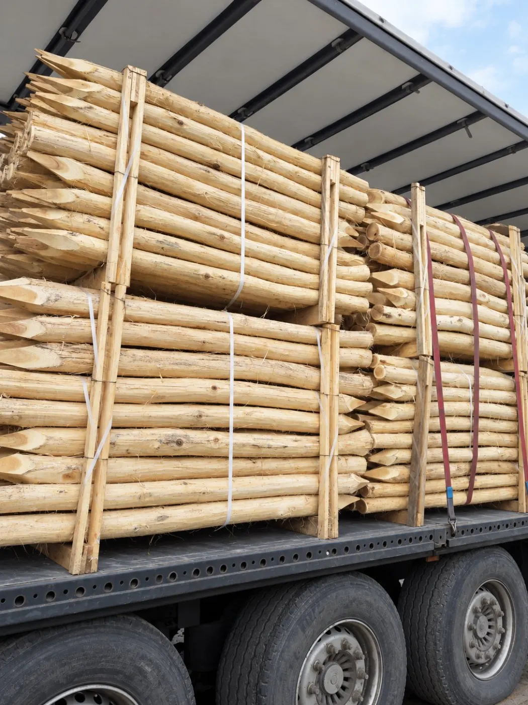 Gebündelte Robinienpfähle auf dem Lkw, transportsicher verzurrt